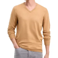 A beige V-neck sweater with long sleeves, paired with light gray pants.