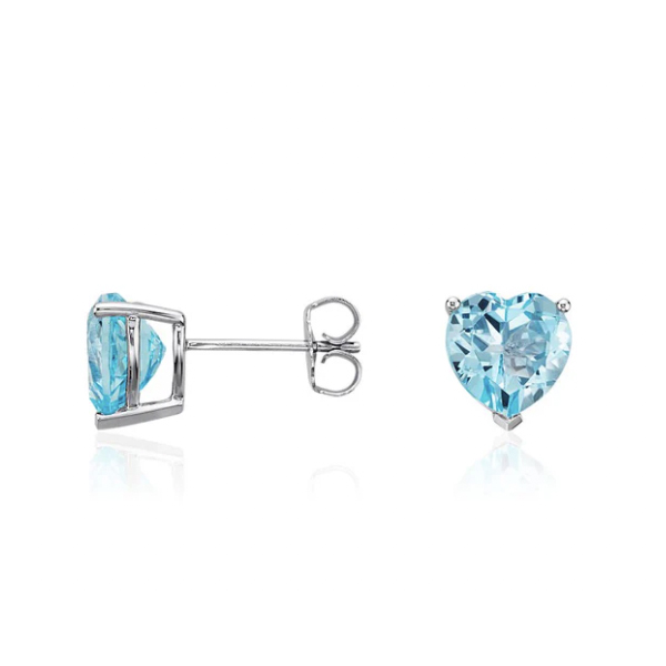 A pair of heart-shaped blue gemstone earrings set in silver with a post and butterfly backing.