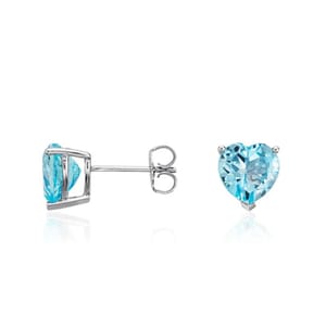 A pair of heart-shaped blue gemstone earrings set in silver with a post and butterfly backing.