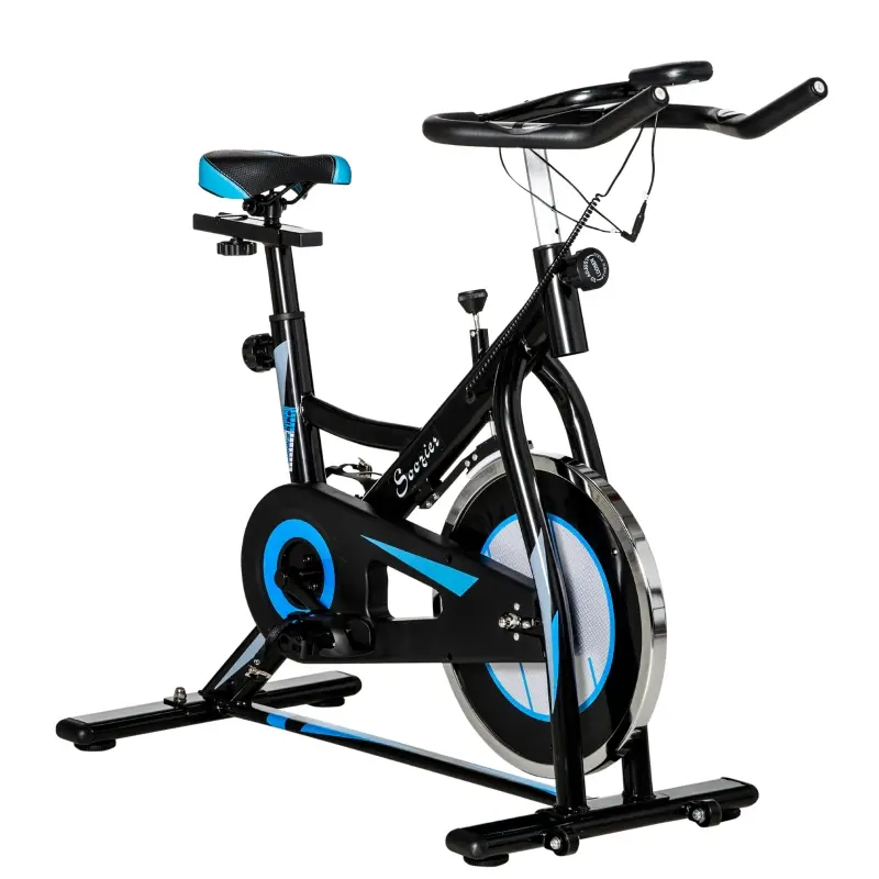 A stationary indoor exercise bike with a black and blue color scheme, featuring an adjustable seat and handlebars, a large front flywheel, and a lower stabilizing bar.