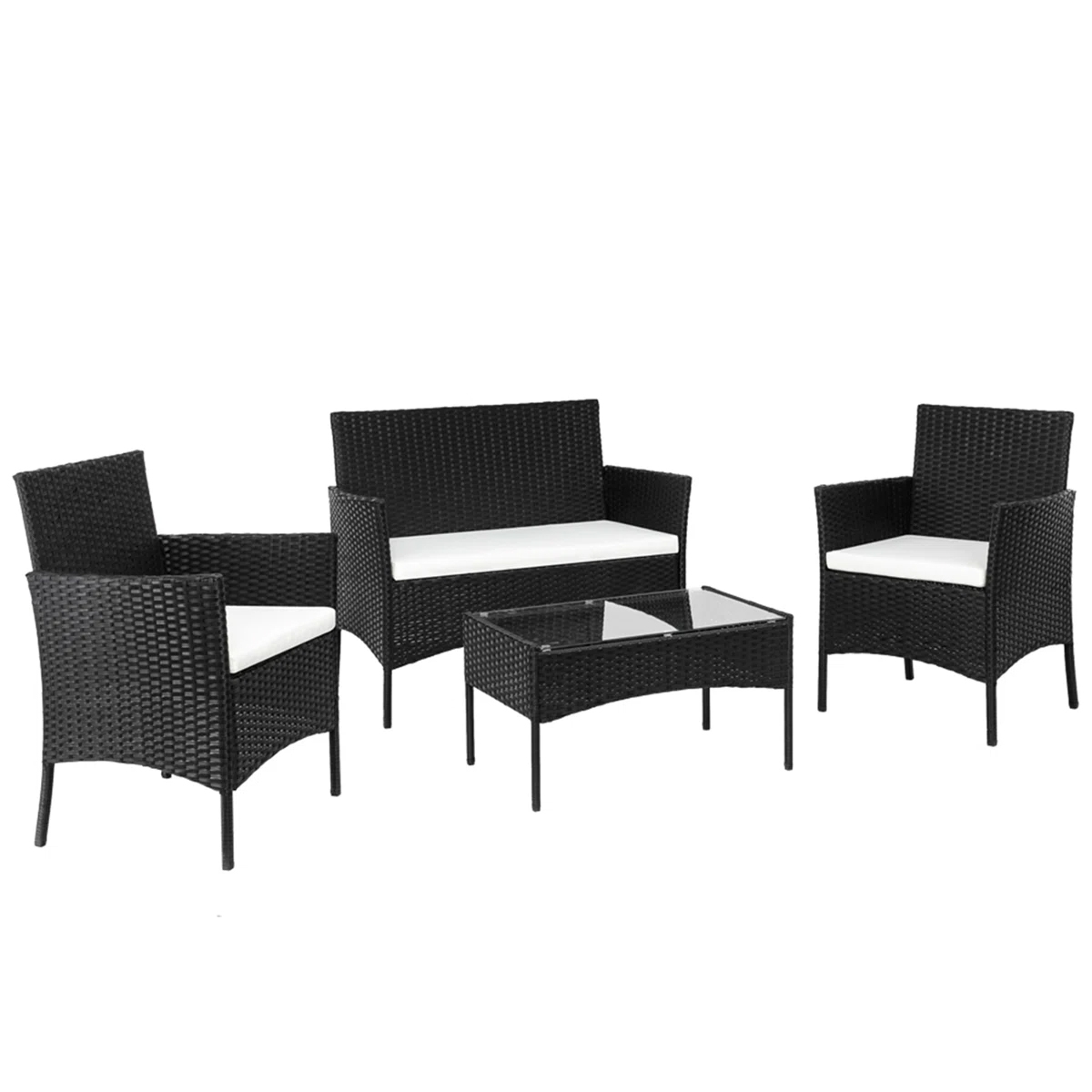 A black wicker outdoor furniture set with white cushions, including two chairs, a loveseat, and a rectangular table with a glass top.