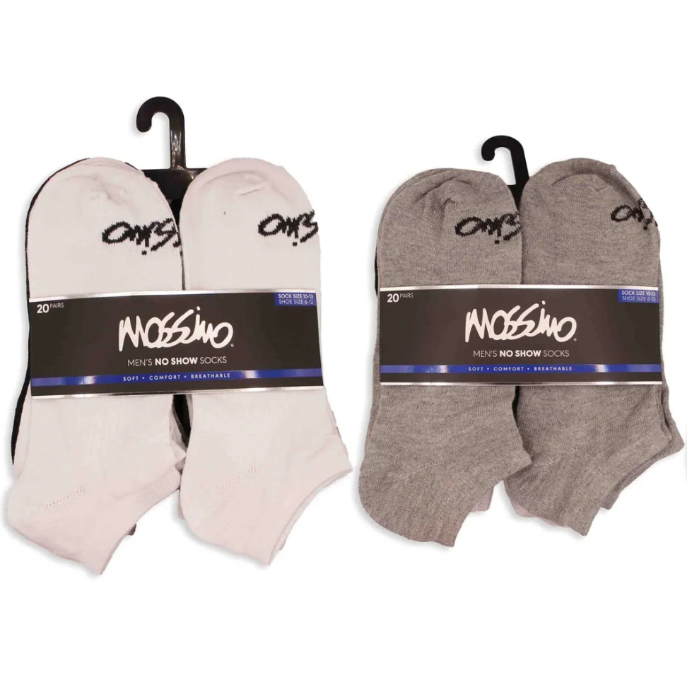 Two packs of Mossimo men's no-show socks, one white and one gray, each containing 20 pairs. The socks offer a soft, comfortable, and breathable design, suitable for shoe sizes 6-12.