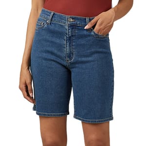 Blue denim Bermuda shorts made of stretch fabric with a high-rise waist, five pockets, and a button and zipper closure. Ends above the knee.