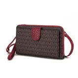 A wallet with a dark brown pattern featuring repeated \“M\“ letters, accented with red textured leather and zipper, includes a matching strap.