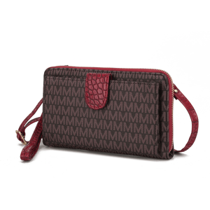 A wallet with a dark brown pattern featuring repeated \“M\“ letters, accented with red textured leather and zipper, includes a matching strap.