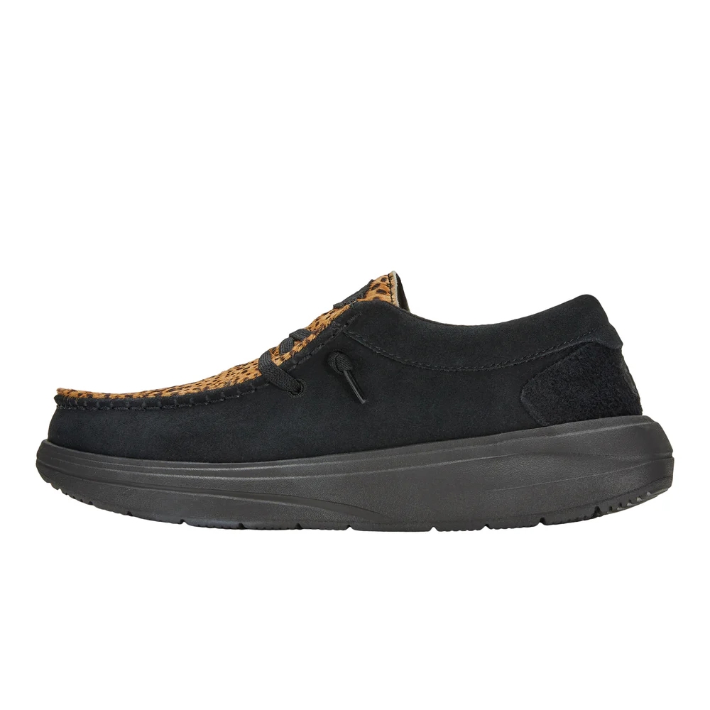 Black suede moccasin-style shoe with a textured brown upper and black sole, featuring decorative laces.