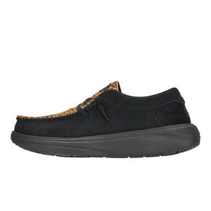 Black suede moccasin-style shoe with a textured brown upper and black sole, featuring decorative laces.