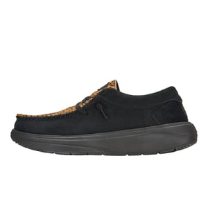 Black suede moccasin-style shoe with a textured brown upper and black sole, featuring decorative laces.