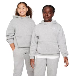 Two children wearing matching gray Nike hoodies and sweatpants, featuring the Nike logo.