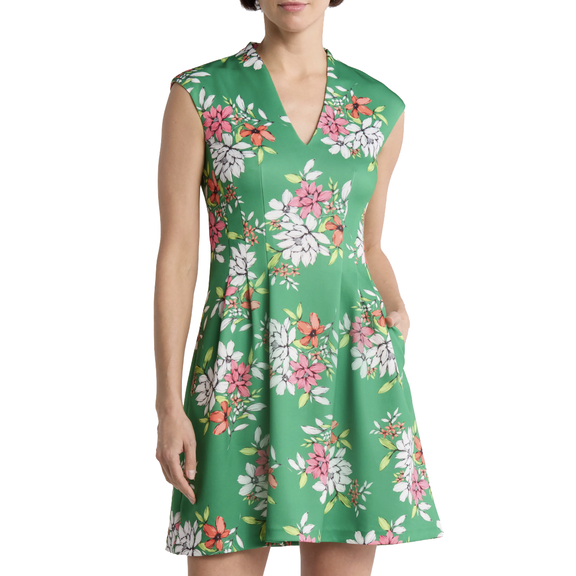 Green floral fit and flare dress with a V-neckline, sleeveless design, and colorful floral patterns in pink, white, and orange.