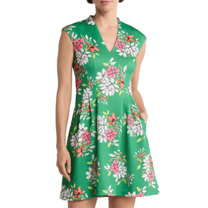 Green floral fit and flare dress with a V-neckline, sleeveless design, and colorful floral patterns in pink, white, and orange.