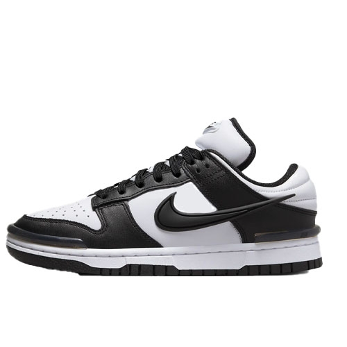 Black and white Nike Dunk Low shoes with a black swoosh, featuring a classic low-top design, perforated white toe box, black laces, and a white midsole with a black outsole.
