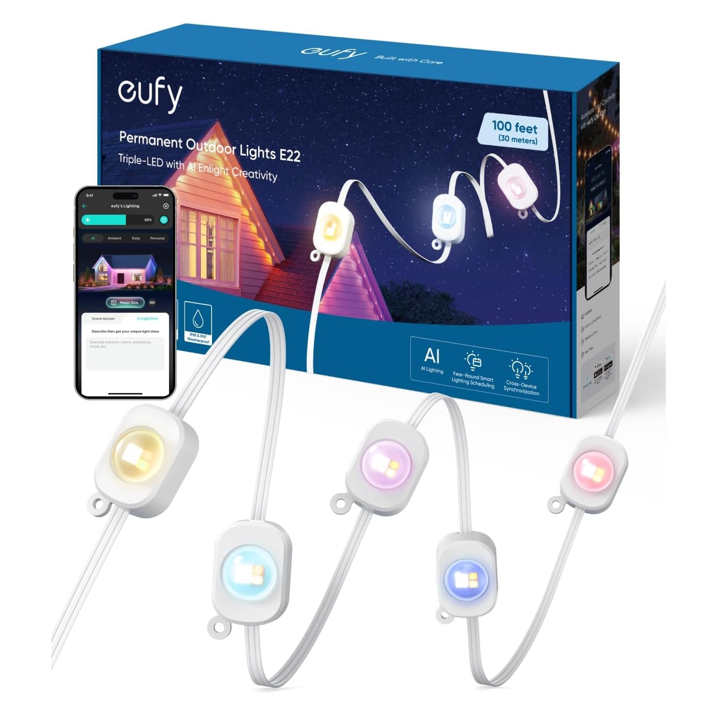 Eufy Permanent Outdoor Lights E22 feature triple-LEDs with AI integration for smart lighting control. The set includes a 100-foot (30 meters) string of color-changing lights, is waterproof, and can be managed via a mobile app.