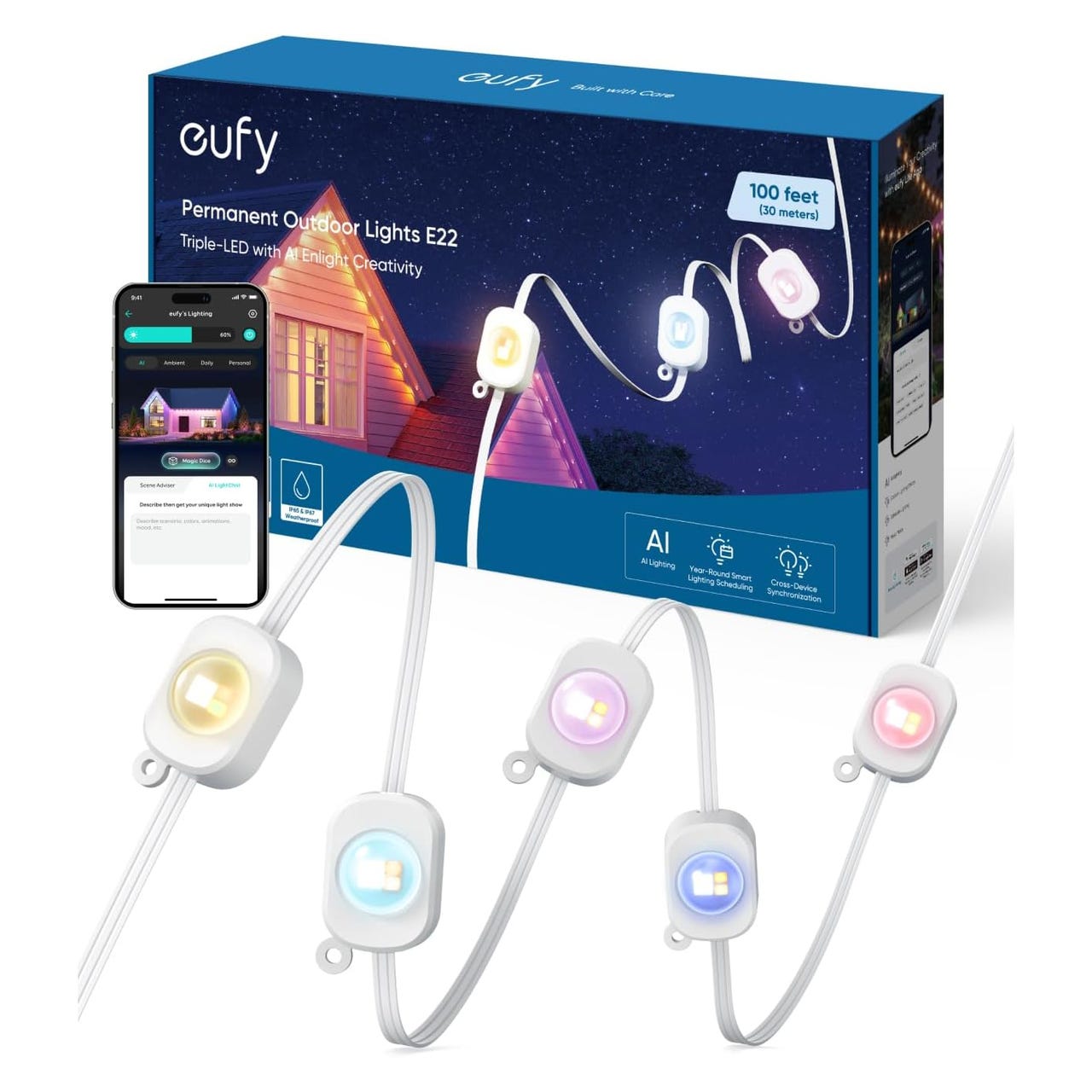 Eufy Permanent Outdoor Lights E22 feature triple-LEDs with AI integration for smart lighting control. The set includes a 100-foot (30 meters) string of color-changing lights, is waterproof, and can be managed via a mobile app.