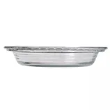 Clear glass pie dish with a decorated rim and horizontally ribbed sides.
