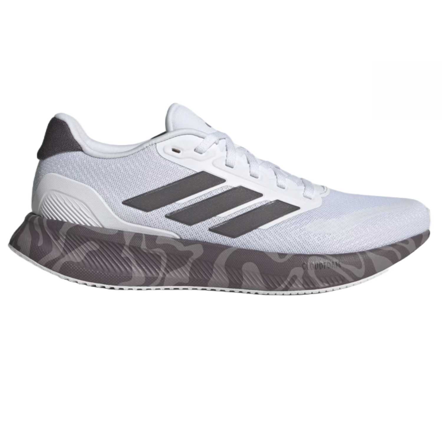 Adidas Men's Runfalcon 5 Shoes feature a white mesh upper with black three-stripe detailing and a distinctive gray camouflage-patterned Cloudfoam midsole for cushioning.