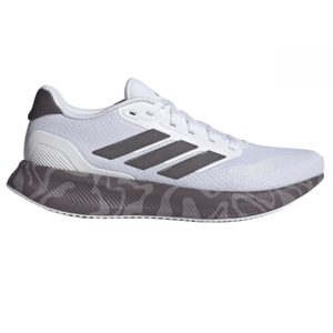 Adidas Men's Runfalcon 5 Shoes feature a white mesh upper with black three-stripe detailing and a distinctive gray camouflage-patterned Cloudfoam midsole for cushioning.