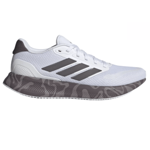 Adidas Men's Runfalcon 5 Shoes feature a white mesh upper with black three-stripe detailing and a distinctive gray camouflage-patterned Cloudfoam midsole for cushioning.