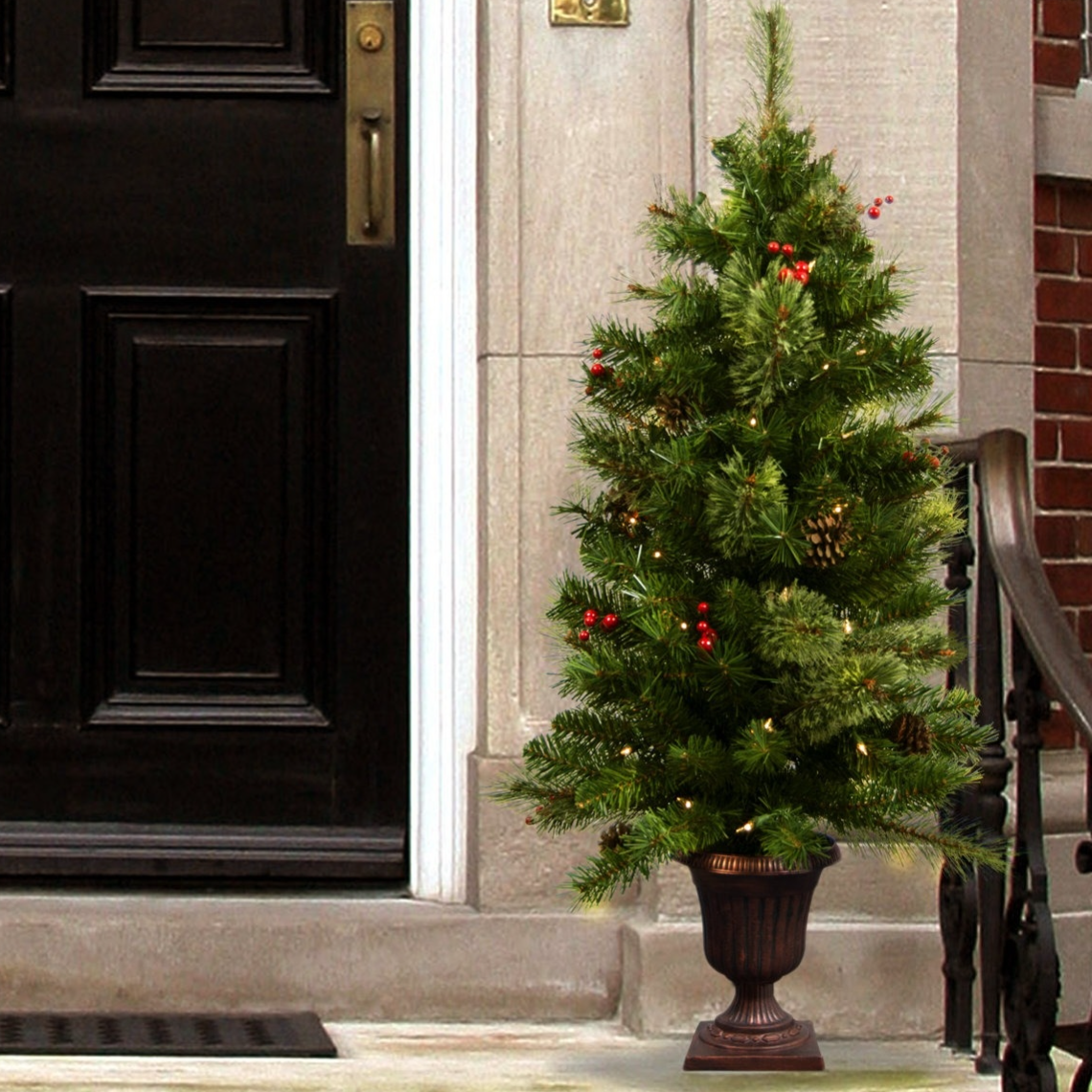 A small artificial Christmas tree in a decorative pot, adorned with lights, red berries, and pinecones, placed outside next to a black front door.