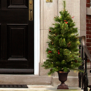 A small artificial Christmas tree in a decorative pot, adorned with lights, red berries, and pinecones, placed outside next to a black front door.