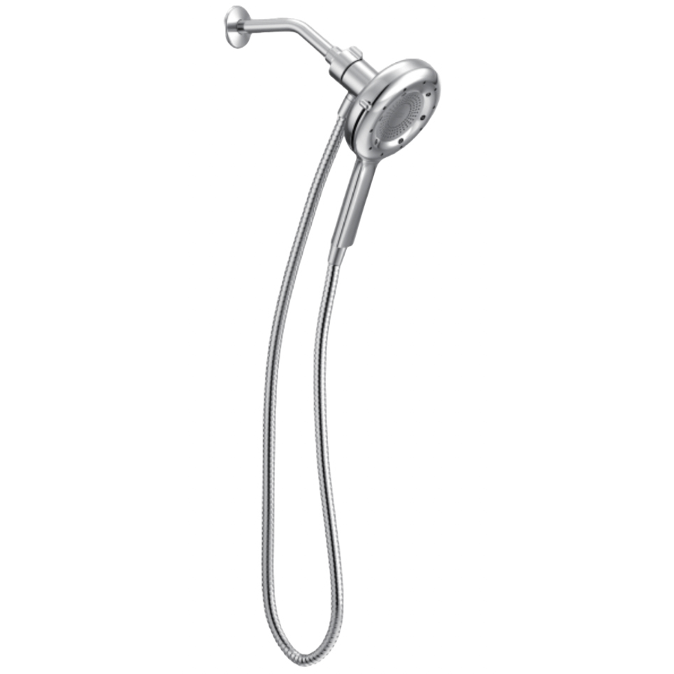 A sleek, chrome-finished Moen handheld showerhead with a flexible hose and a docking system for easy attachment and removal.