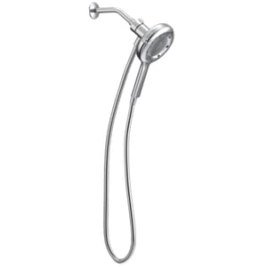 A sleek, chrome-finished Moen handheld showerhead with a flexible hose and a docking system for easy attachment and removal.
