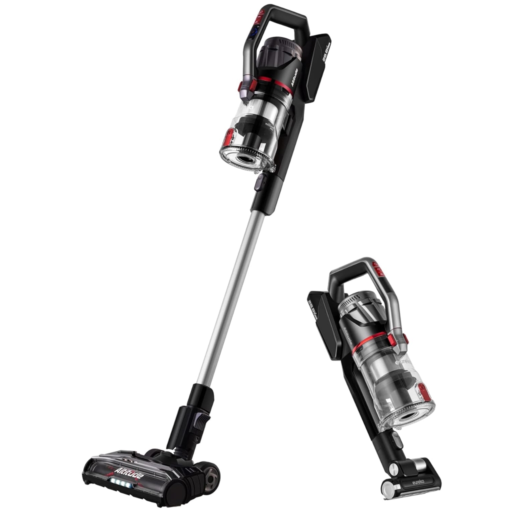 Eureka Cordless Stick Vacuum, shown in full length and handheld mode, features a black and silver design with a clear dustbin and red accents. Its detachable hand vacuum highlights versatility for different cleaning needs.
