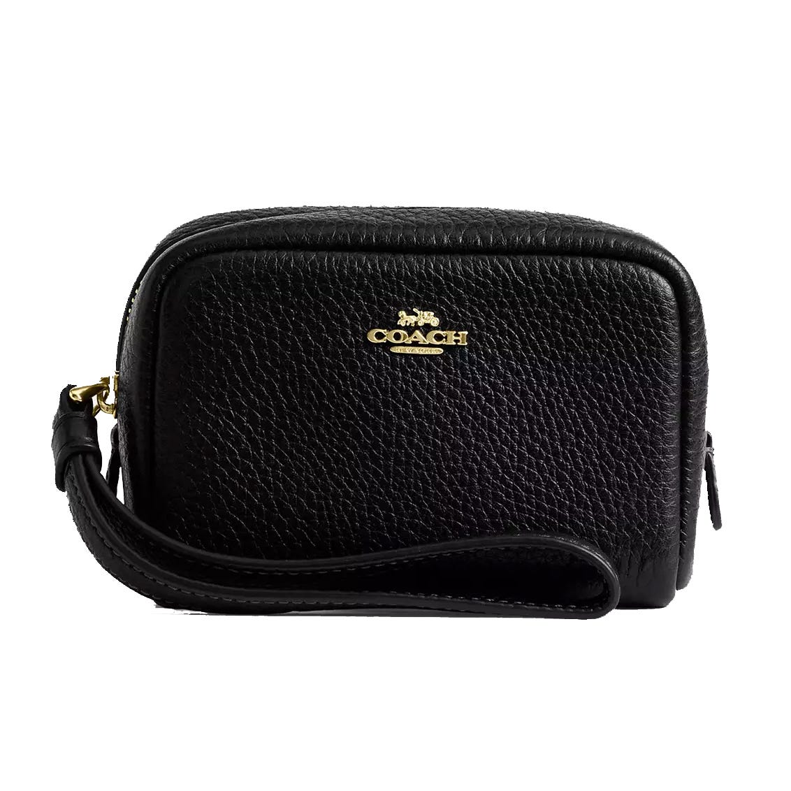 A black Coach Outlet pouch wristlet made of pebbled leather with a gold logo on the front. It features a zipper closure and an attached wrist strap for convenience.