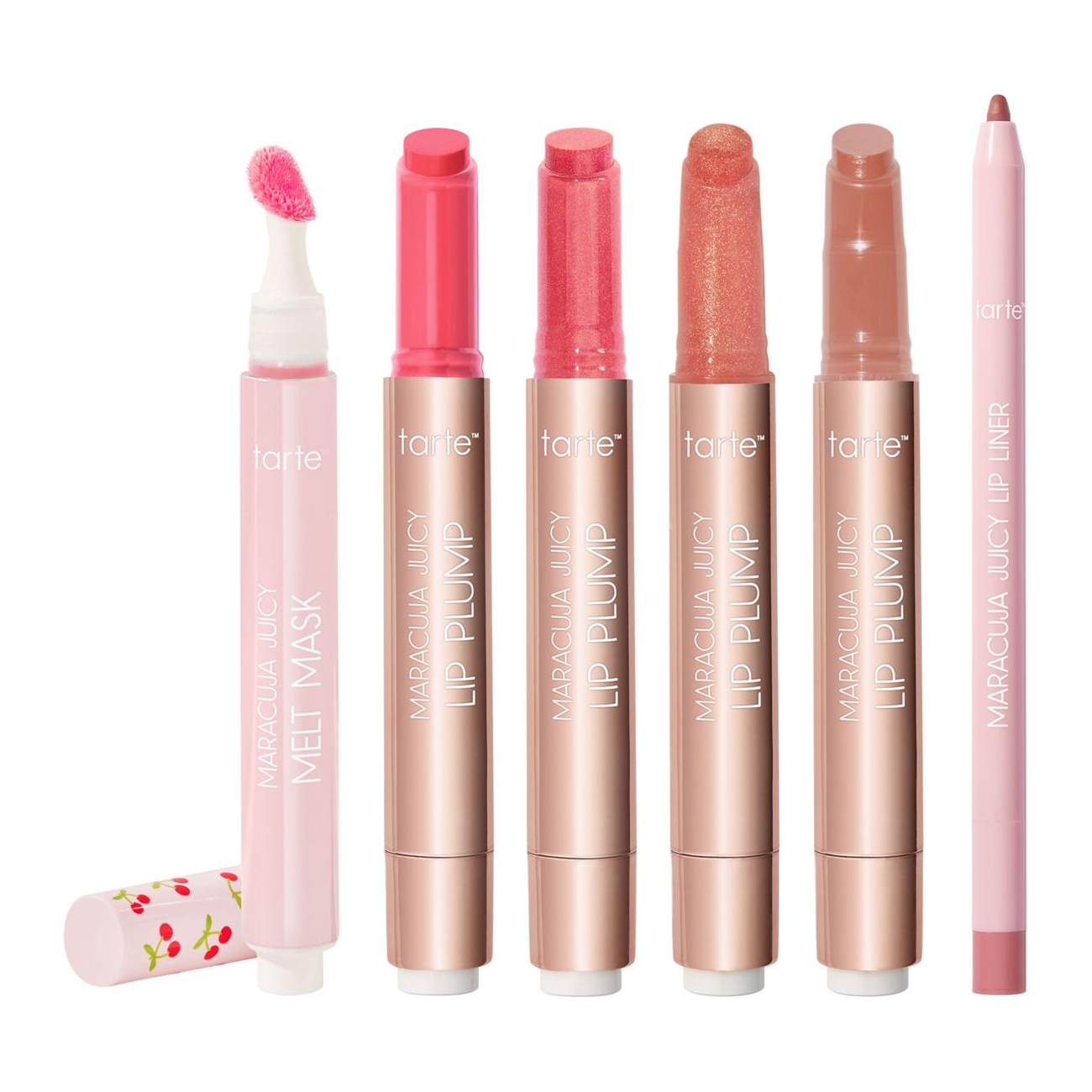 Tarte's Maracuja Juicy collection features a Melt Mask, three Lip Plump balms in various shades, and a Lip Liner.