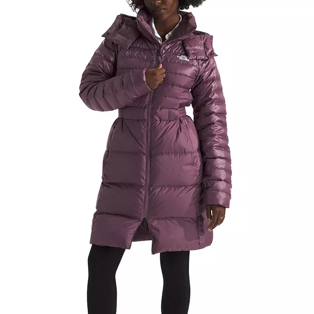A mid-length, purple down puffer coat with a hood, featuring a quilted design and a front zipper closure.
