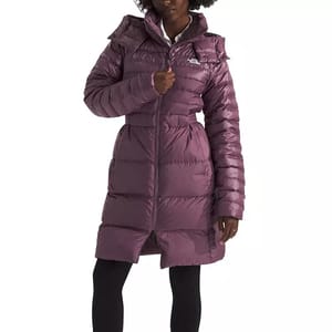 A mid-length, purple down puffer coat with a hood, featuring a quilted design and a front zipper closure.