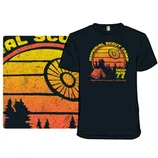 A black T-shirt features a retro design with the text \“Imperial Scout Camp Troop 77.\“ It includes a stylized sunset, trees, a tent, and activities like target practice and astronomy.