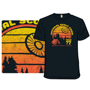 A black T-shirt features a retro design with the text \“Imperial Scout Camp Troop 77.\“ It includes a stylized sunset, trees, a tent, and activities like target practice and astronomy.