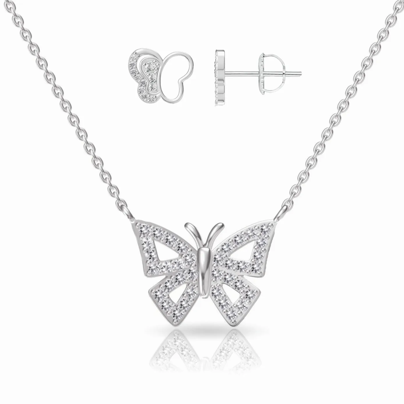 A silver-toned necklace features a butterfly pendant adorned with cubic zirconia and comes with matching butterfly-shaped stud earrings, also embellished with small, clear stones.