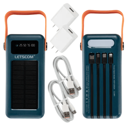 A solar-powered portable charger with an LED display and built-in cables. It includes two USB wall adapters and two USB cables.