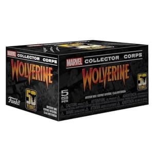Funko Marvel Collector Corps Wolverine box commemorates 50 years, featuring a black design with red and yellow \“Wolverine\“ text. It includes 5 mystery pieces celebrating the iconic character.