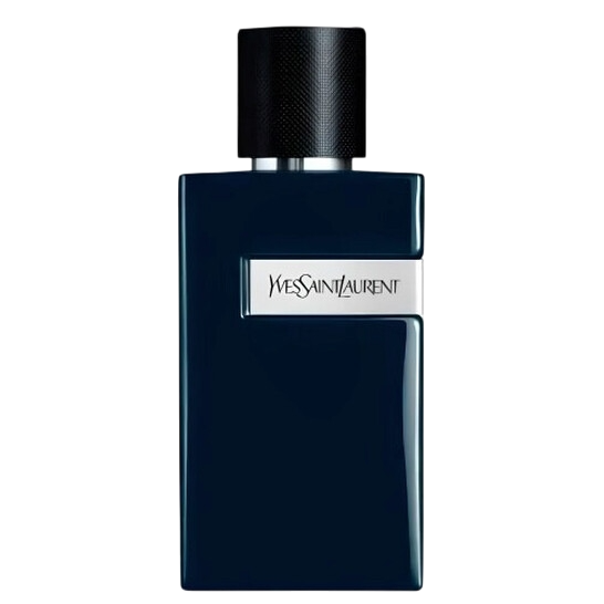 Yves Saint Laurent cologne bottle, rectangular and dark blue with a textured black cap, featuring the brand's name on a metallic strip.