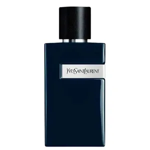 Yves Saint Laurent cologne bottle, rectangular and dark blue with a textured black cap, featuring the brand's name on a metallic strip.