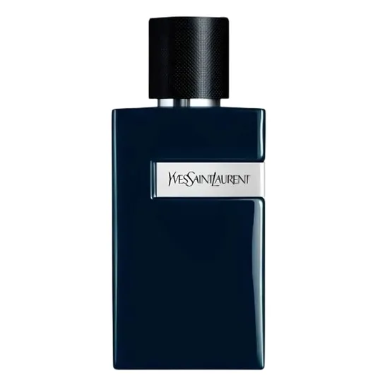 Yves Saint Laurent cologne bottle, rectangular and dark blue with a textured black cap, featuring the brand's name on a metallic strip.