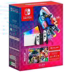 Nintendo Switch OLED with Mario Kart 8 Deluxe and a 3-month Nintendo Switch Online individual subscription.