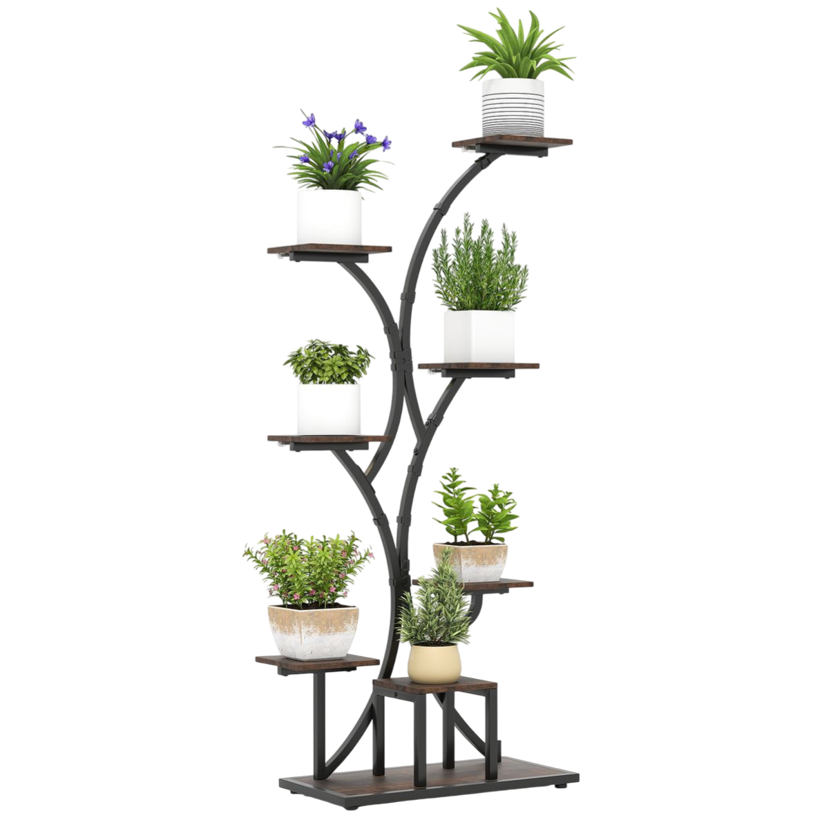 A multi-tier plant stand with a metal frame and wooden shelves, featuring various potted plants arranged on different levels in a tree-like design.
