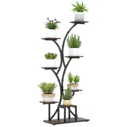 A multi-tier plant stand with a metal frame and wooden shelves, featuring various potted plants arranged on different levels in a tree-like design.