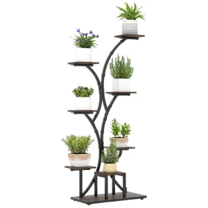 A multi-tier plant stand with a metal frame and wooden shelves, featuring various potted plants arranged on different levels in a tree-like design.