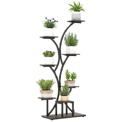A multi-tier plant stand with a metal frame and wooden shelves, featuring various potted plants arranged on different levels in a tree-like design.
