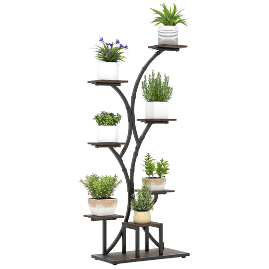 A multi-tier plant stand with a metal frame and wooden shelves, featuring various potted plants arranged on different levels in a tree-like design.