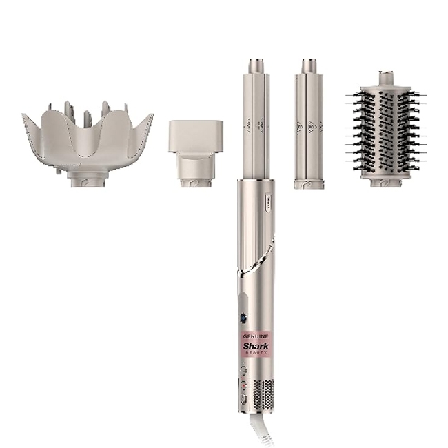 This is a multifunctional hair styling tool with various detachable heads, including a brush, straighteners, and a curling accessory.