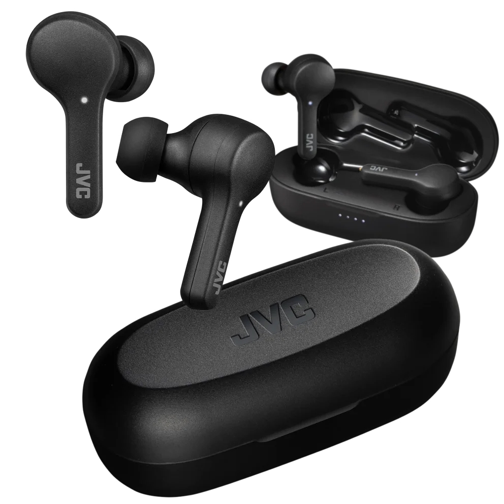 Black JVC Gumy wireless earbuds with a charging case, featuring a sleek design and in-ear fit. The case displays an indicator for battery status.