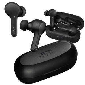 Black JVC Gumy wireless earbuds with a charging case, featuring a sleek design and in-ear fit. The case displays an indicator for battery status.