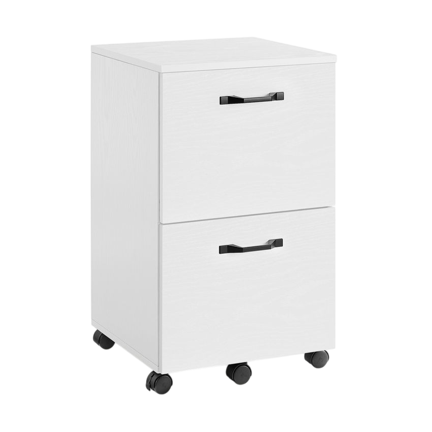 A white two-drawer filing cabinet on black caster wheels with black handles.