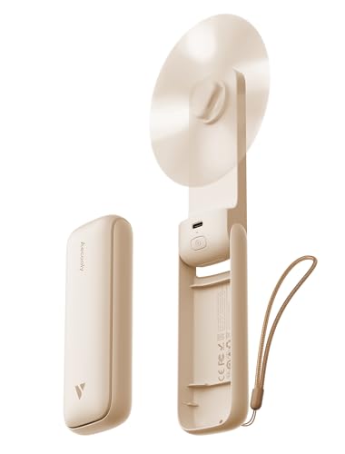 A beige foldable, portable fan with a USB charging port and a strap.